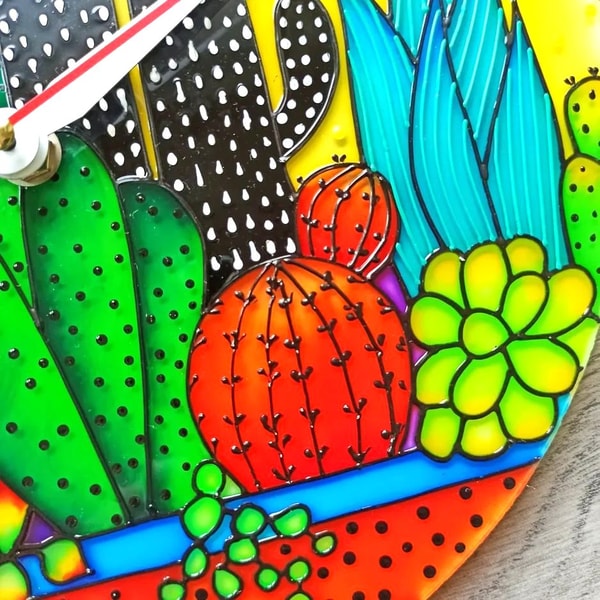 Cactus Tree Clock Stained glass cacti wall clock 10
