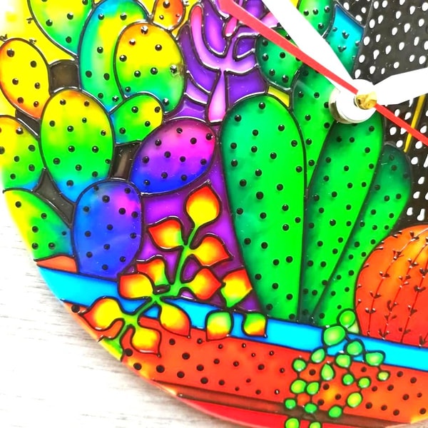 Cactus Tree Clock Stained glass cacti wall clock 10