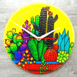 Stained glass cacti wall clock 10" Succulents gift Rainbow cactus wall hanging Handpainted round wall clock