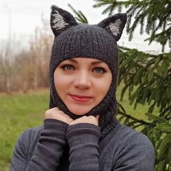 Balaclava knit with cat ears - winter hats - ski mask with ears - black wool balaclavas - knitted helmet - gift for her