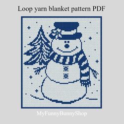 Loop yarn Finger knitted Happy Snowman blanket pattern PDF Download