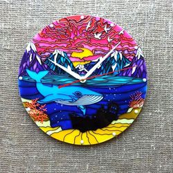 Ocean blue whale wall clock Rainbow stained glass wall decor Sunset Mountains