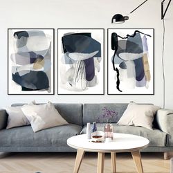 Abstract Printable Set of 3 Prints Navy Blue Wall Art Living Room Decor Triptych Art Concept Poster Abstract Painting