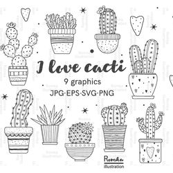 Cacti SVG, Cactus clip art, Outline, SVG File, hand drawn, PNG, Digital Download, Cactus PNG