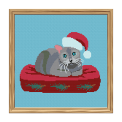 Cross Stitch Pattern Christmas Cat Sitting on a Pillow