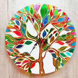 Hand painted glass wall clock Blooming tree wall decor Tree of life painting