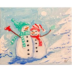 Snow Couple Painting Snowman Christmas Original Art Acrylic Artwork by MargaryShopUSA Margarita Voropay