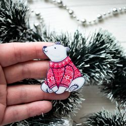 Christmas Wooden Pin, Bear brooch, gift for her, gift for girl
