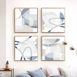 Blue And Gray Geometric Line Art Set Of 4 Prints Abstract Print Square Wall Art Digital Art Shapes Poster Interior Decor