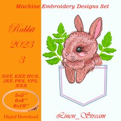 rabbit 3 two embroidery designs, one of which is an applique, in three sizes in 9 formats.