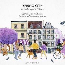 watercolor spring city clipart, black couples illustrations, town scene creator, valentines day clipart