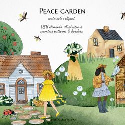 watercolor garden clipart, black girl with insects illustrations, cute houses clip art, bug png