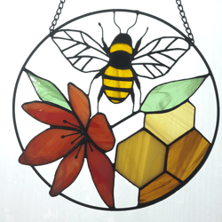 stained glass bee suncatcher, honeybee stained glass plant, honeycomb decoration, lily flower garden ornament