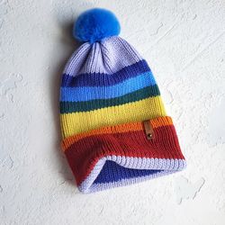 striped hat pompom hat striped hat colorful hat blue pompom red lapel uniserk hat warm hat