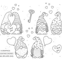 Valentine gnomes SVG, Valentine gnomes clip art, Outline, SVG File, hand drawn, PNG, Digital Download, Valentine gno PNG