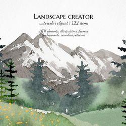 landscape creator clipart, watercolor mountain forest illustrations, tree png, lake background, printable nature poster