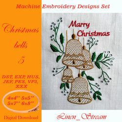 Christmas bells 5 embroidery design in four sizes in 9 formats