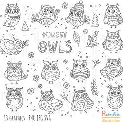 owls outline svg, owls clip art, outline, svg file, hand drawn, png, digital download