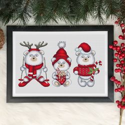 Christmas polar bears cross stitch pattern PDF, baby bear embroidery, animals cross stitch, christmas cross stitch