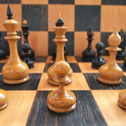 Antique old Soviet chess pieces set 1950s - vintage wooden black brown chessmen USSR