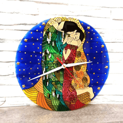 Kiss Klimt Stained glass wall clock Wedding Anniversary gift Original glass painting Quiet clock for bedroom
