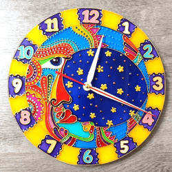 Stained glass kids room wall clock Original painting on glass Quiet clock for bedroom Modern colourful wall decor