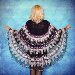 Plum crochet wool shoulder wrap, Warm Russian Orenburg cape,Goat down stole,Purple bridal cover up,Knitted women's scarf