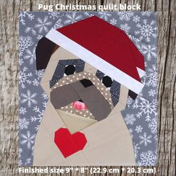Pug Christmas Quilt Block Pattern in technology Paper Piecing 4 versions