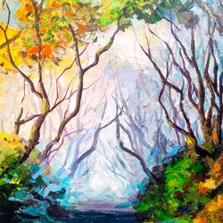 Impasto Wood Painting Original Painting Wall Art Forest Painting Palette Knife Painting Colorful Landscape Art
