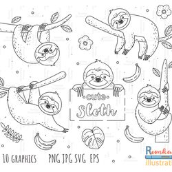 Sloths Outline SVG, Sloths clip art, Outline, SVG File, hand drawn, PNG, Digital Download