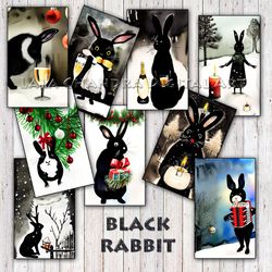 9  black Rabbits mini cards, ACEO Cards, Artist Cards, art journal printable, Decoupage, Scrapbook