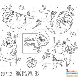 Sloths Outline SVG, Sloths clip art, Outline, SVG File, hand drawn, PNG, Digital Download