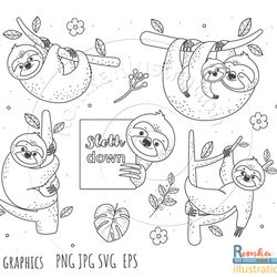 sloths outline svg, sloths clip art, outline, svg file, hand drawn, png, digital download