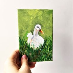 Duck small painting, Farm animal original art, White duck bird original painting wall decor