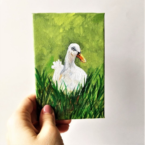 White duck in the meadow small impasto painting 5