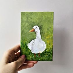 Goose original painting, Farm bird small painting, White goose art on canvas, Rustic wall decor