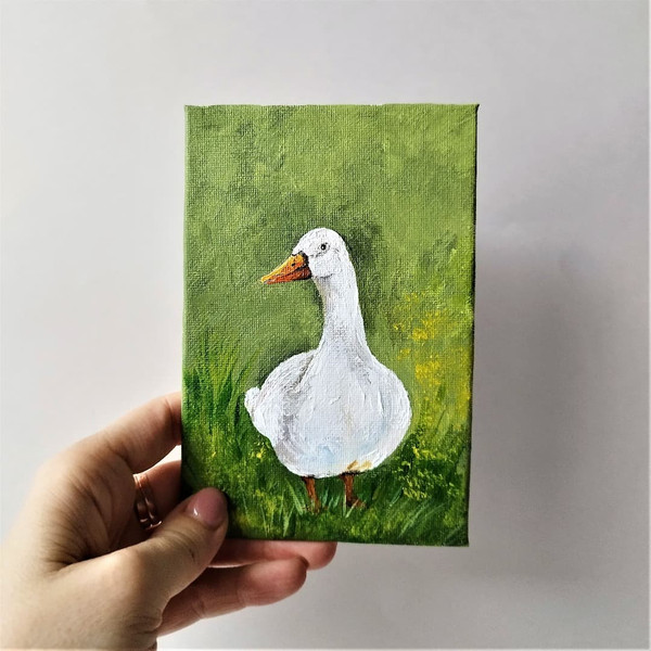 Handwritten acrylic painting white goose in the meadow 1