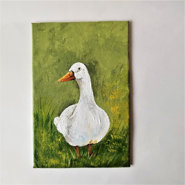 Handwritten acrylic painting white goose in the meadow 4