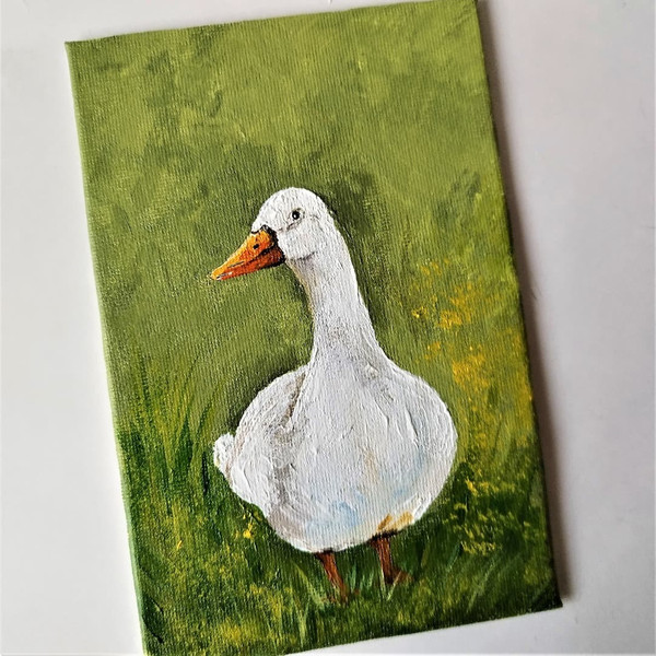 Handwritten acrylic painting white goose in the meadow 3