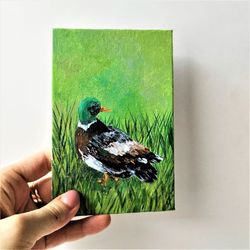 Duck mini painting original artwork, Farm bird art, Rustic wall decor