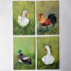 Bird original painting, Set of 4 paintings wall decor, Farm animal art small painting