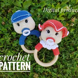 Crochet baby rattle pattern girl and boy, amigurumi crochet pattern, teething toy tutorial, doll amigurumi toy