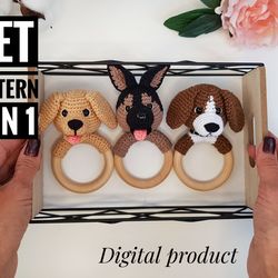 Crochet Patterns Set baby rattle dog – German Shepherd, Labrador Retriever, Beagle, Puppy toy pattern, Animal Patterns