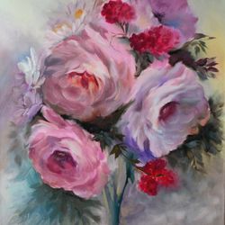 Rose Art Floral  Rose oil painting Flower rose oil painting Pink rose painting Decor Art Oil painting Pink Roses Bouquet