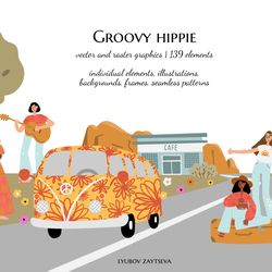 groovy hippie clipart, retro 70s hippy van bus illustrations, road trip vector clip art, mountain landscape scenery png
