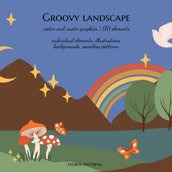 groovy abstract landscape creator clipart, mountain illustration, retro waves, vector illustration in flat style