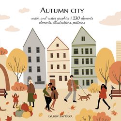 Autumn city creator clipart, People walking in fall park vector illustrations, small houses and colorful trees png