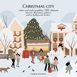 Christmas city clipart, People on winter market illustration, Winter scene creator clipart, Decorated vector houses