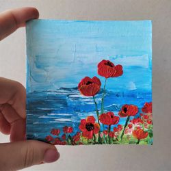 California poppies painting, Seascape small painting, Floral original artwork, Poppy impasto art