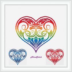 Cross stitch pattern Heart Flower celtic knot rainbow floral ornament monochrome red blue counted crossstitch patterns